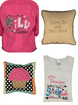 Appliqued and Embroidered Creations: Jean jacket with appliques, two embroidered throw pillows and an embroidered  t-shirt.