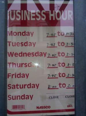 Hours. Closed Sunday.