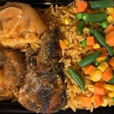 Jollof rice with mixed veggies, mackerel and beef.