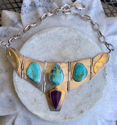 Stunning Modernist Brilliant Blue Turquoise Purple Sugilite Sterling Silver Silver Panel Vintage Bib Necklace