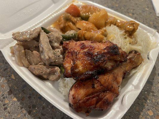 3 meat combo with Chicken Inasal (grilled), Chicken Caldereta (stew) & Bicol Express (mildly spicy pork stew) plus rice and pancit bihon