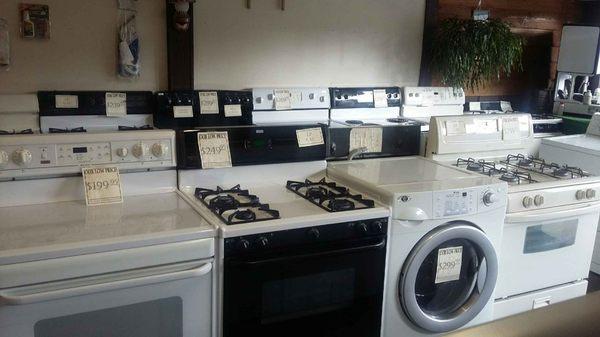 Example of our sales floor selection.  All appliances we sell come with a 90 day guarantee!  We completely overhaul and test each machine.