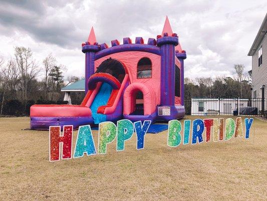 Princess Palace and Happy Birthday yard signs