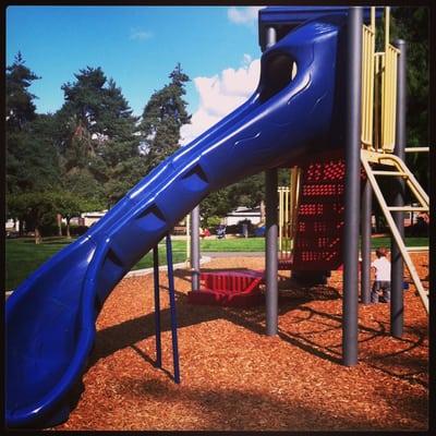 Big slide with lots of climbing & hanging bars.  Great for the bigger kids.