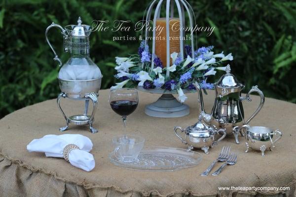 Silver Plate Tea Set & Clear Sandwich Platter plus Tea Cup,,,, everything for rent!!