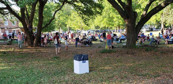 The lawn full of people listening to live music.