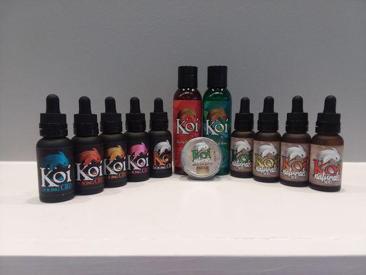 Our Koi line includes sublingual tinctures, vape juice, new gummy treats, healing balm and body lotion!