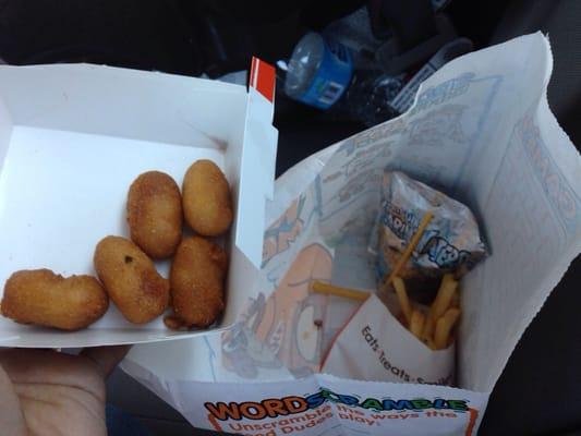 5 real mini corn dogs in a big box, fries & Capri sun tropical fruit drink