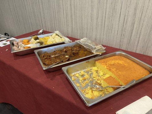 Corn bread, chicken and gravy, roasted root vegetables