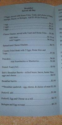 Breakfast menu