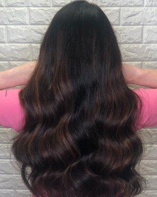 Grey coverage and low maintenance  Foilyage highlights to add dimension to a beautiful brunette.