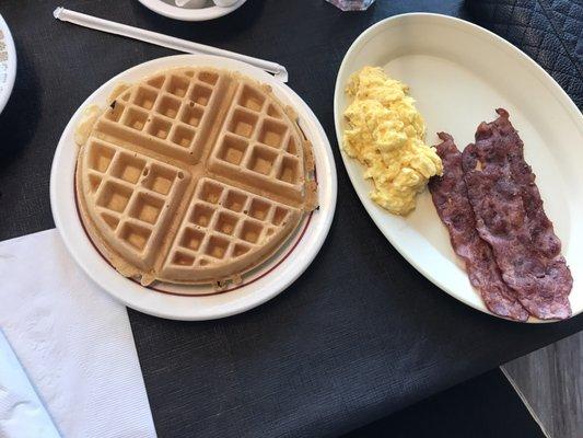 Waffle two eggs and turkey bacon