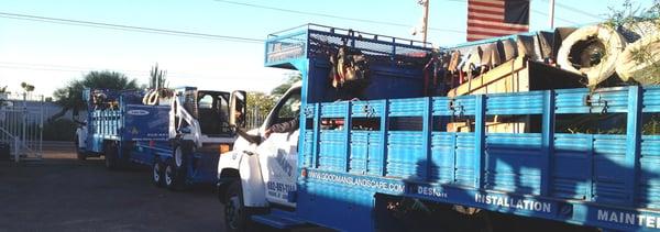 Landscape work trucks leaving in the morning