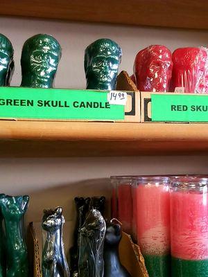 Green Skull and Black Cat candles aren't just for Halloween! Only $14.99 (plus tax, tag, title and your soul.)