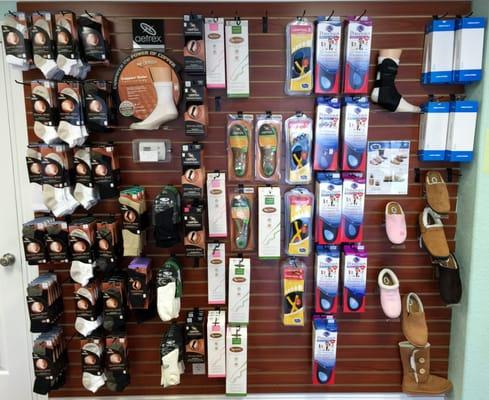 We have a display of shoes available to try on in the Lakeland office but visit our Winter Haven shoe store for hundreds more.