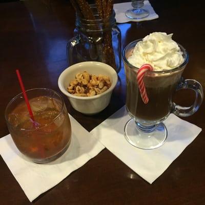 Sweet Bud Sazerac and Hot Chocolate with Peppermint Schnapps