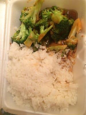 Sautéed broccoli and white rice.