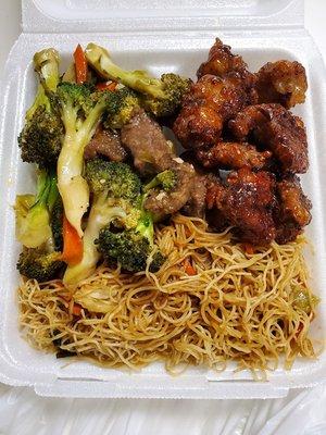 Noodles, beef broccoli and spicy chicken