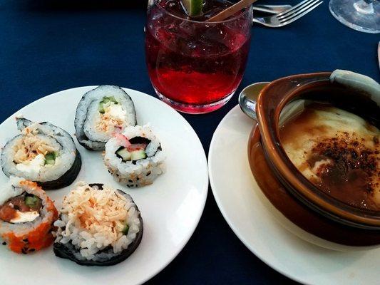 Some sushi, my cocktail, & French onion soup