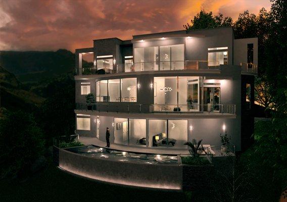 Hill Side home render evening view