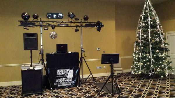 Corporate Christmas party with karaoke monitor.