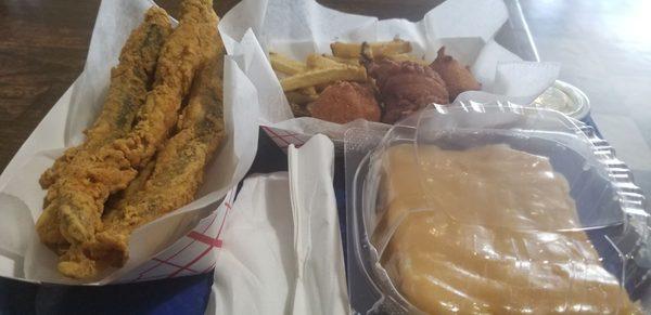 2 PC Whiting, fresh cut fries, hushpuppies? And a slice of Carmel cake! Yum!