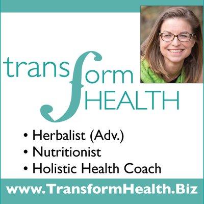 Transform Health teal logo, photo of Diana Sproul, Herbalist, Nutritionist, holistic health coach, with the f looking like a cello hole.