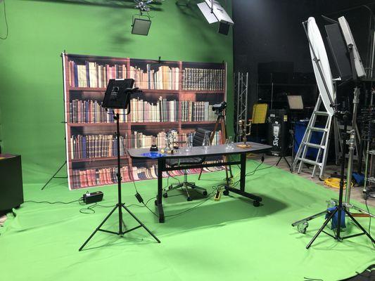 Green Screen with bookshelf backdrop