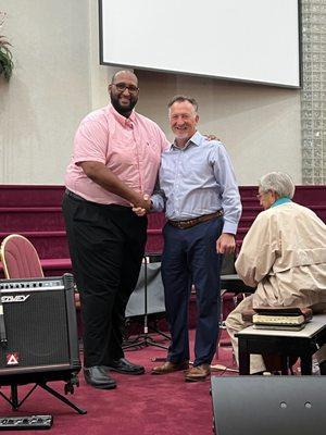 Ben Daniels (Minister) with Pastor Stoney after speaking at a Sunday Evening service at Dalton.