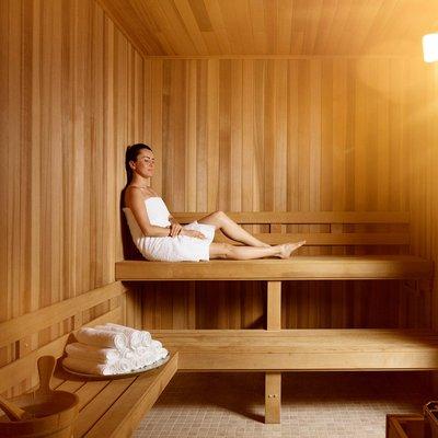 Interior of the sauna at AquaVie Fitness + Wellness Center.