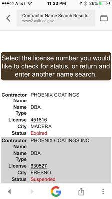 Current license is suspended, expired one is under old ownership in Madera.