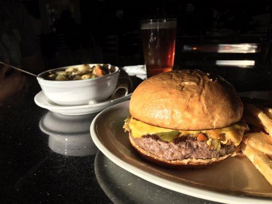 Green chili stew, hamburger with green chili  and modus IPA.