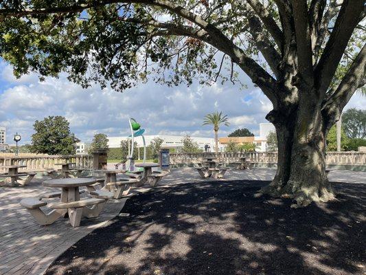 Picnic area centered between 3 playground areas and splash pad