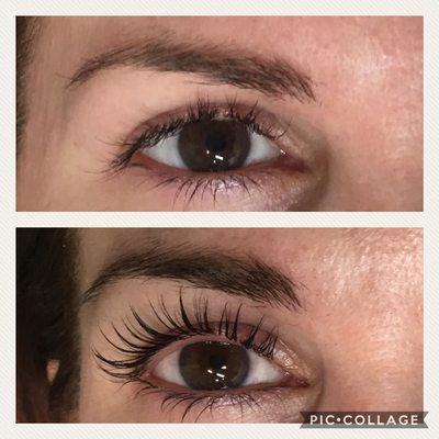 Before and after lash lift service. No make up or extensions on this client. Only the clients natural lifted lashes. Lasts 6 weeks. Amazing!