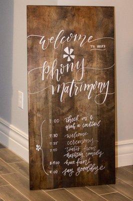 Stationery, signs, and calligraphy at Yelp's Phony Matrimony!