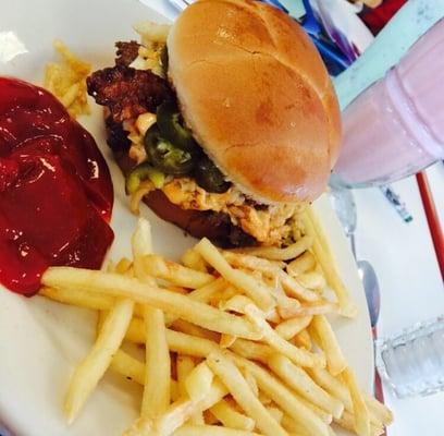 Typical fries. Juicy and tasteful burger. Strawberry shake is thick & yummy.