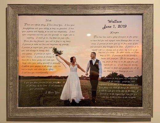 Wedding Vows written over a wedding photo and shaped around the couple.