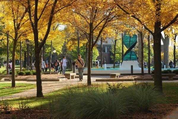 Helios fountain is located in the Valley outside Hartung Hall.