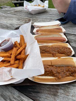 Sweet potato fries with Melba sauce, michigans, hot dogs, and fries