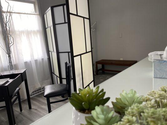 In The Changing Room there is a dressing table with a mirror if you want to check your hair after your treatment.