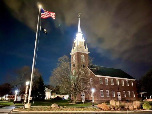 The church in mid December 2020 around the holidays at night