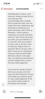 an employee i complained about directly messaging me on yelp to intimidate me!