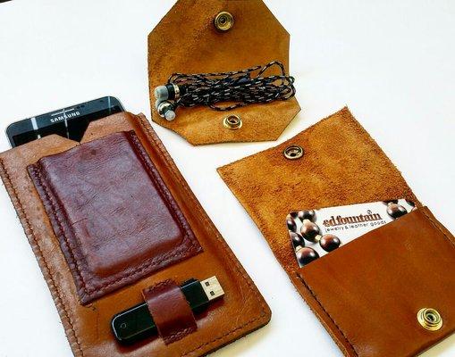 Leather phone sleeve, cord holder, and wallet