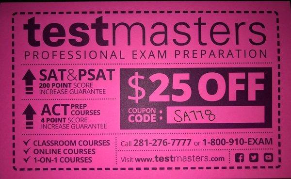 Testmasters helped me increase my SAT score as promised by their guarantee! Use code "SA778" for 25 dollars off!