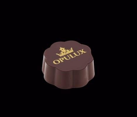 Opulux Heaven - 66% Dark chocolate shell filed with dark chocolate ganache with custom OpuLux centered logo in gold/yellow