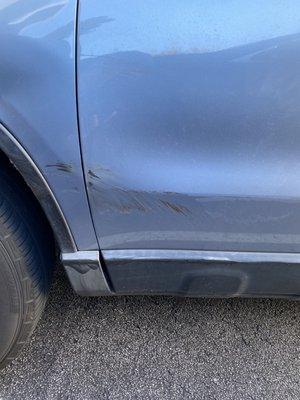 I got side swiped in Orlando. The person that hit me drove off and was swerving. The scratch in the front left was the worst.