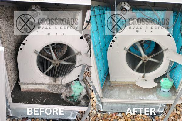 Before and After of a swamp cooler cleaning. We provide cleaning for many heating and cooling equipment.