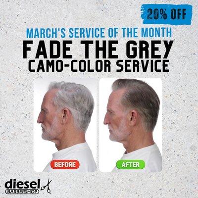 Try the FADE THE GREY service in March for 20% off .This is 30 -minute hair treatment that discreetly your naturel hair color for younger.!