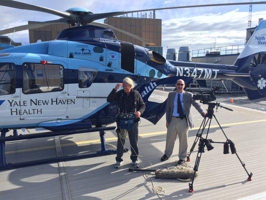 Filming on the helipad at Yale New Haven Hospital.