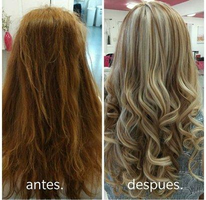 Antes y despues  Mechas de cabello color:  #Cenizo  Mechas, Rayitos y Tintes con Keratin gratis!